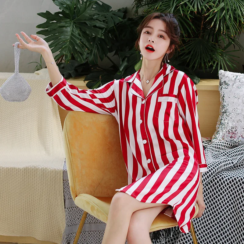 Spring Summer Women's Stripes Print Nightshirt Satin Sleepwear Female V-neck Silk Thin Nightgowns Casual Brief Nightdress