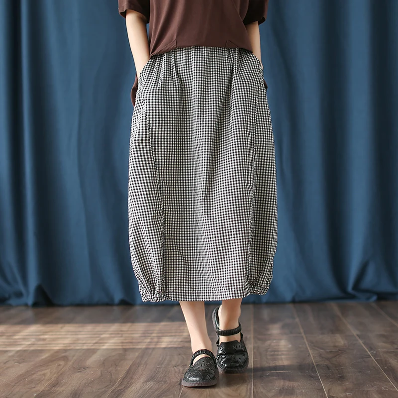 Повседневная винтажная клетчатая эластичная талия карман бутон A-Line юбка женская