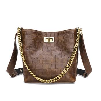 

2019 Genuine Leather Women Bucket Messenger Bag Cow Real Leather Shoulder Bags for Ladies Handbag Crocodile pattern Handbag