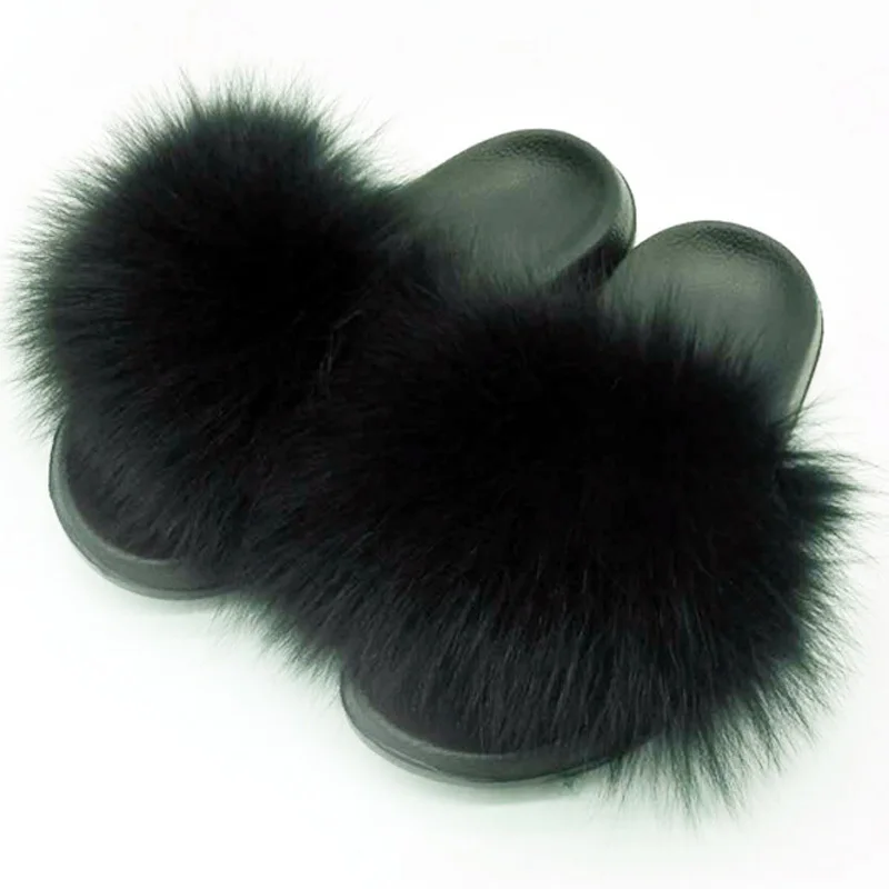 2019 New Summer Real Fox Fur Slides Women Non-slip Fluffy Fur Slippers Women Furry Slippers Ladies Cute Plush Fox Hair Slippers