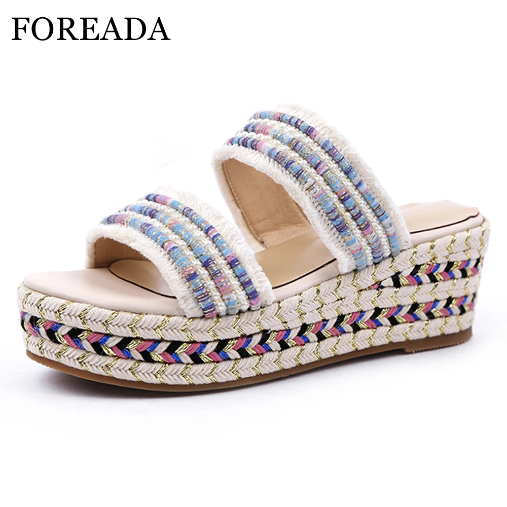 

FOREADA Women Shoes Summer Slippers Bohemia Platform Wedge High Heels Shoes Mixed Colors Open Toe Slides Lady Sandals Size 34-39