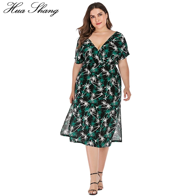 

Plus Size Women Green Dress 2019 Fashion Female V Neck Short Sleeve Floral Printing Boho Dress Elegant Side Split Beach Dresses
