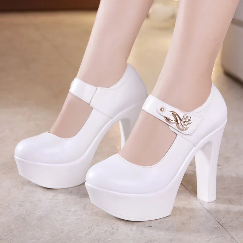 Plus Size 32-43 Rhinestone Wedding Shoes Block Heels Pumps Women 2019 White Silver Red Extreme High Heel Shoes Platform
