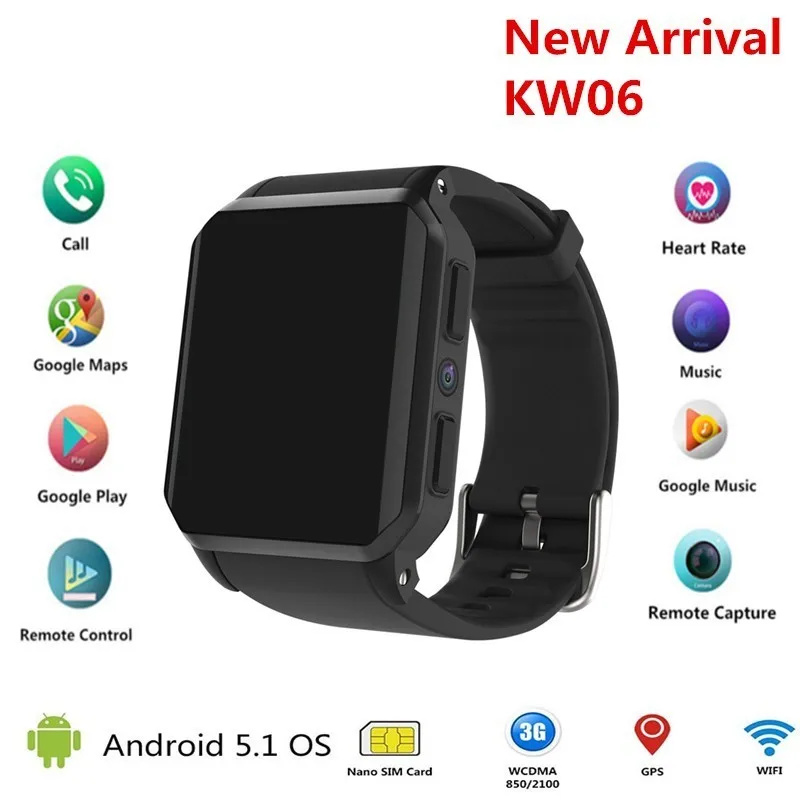 

KW06 Smart Watch Quad Core 1.3GHZ Android 5.1 3G Smartwatch 460mAh Heart Rate Monitor Support SIM Card Camera Sports Wristwatch