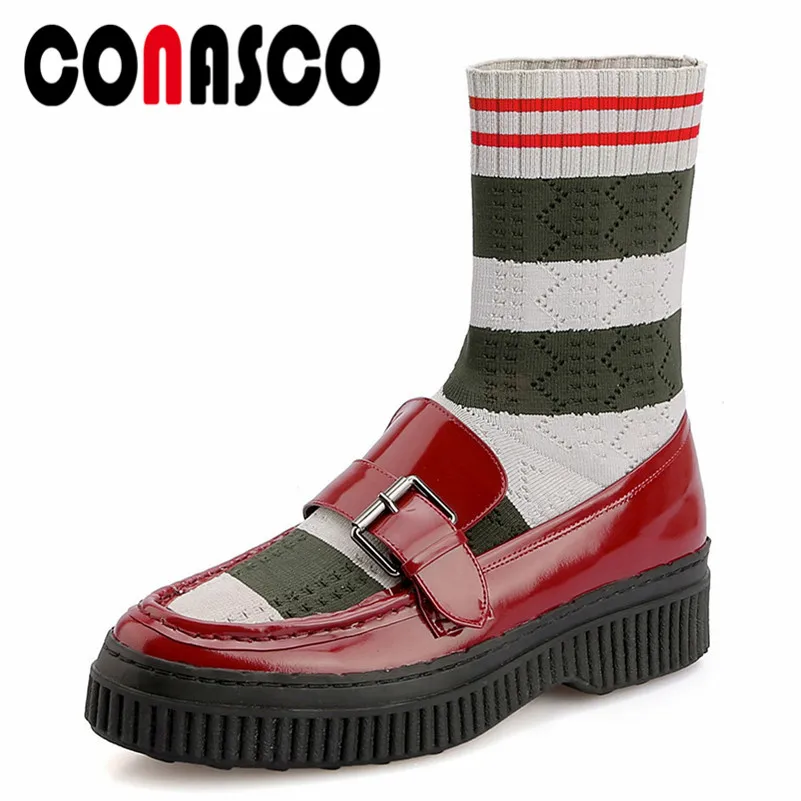 

CONASCO 2019 Autumn Winter Ankle Boots Stretch Fabric Warm Women Snow Boot Leather Short Party Dancing Shoes Woman Short Boots