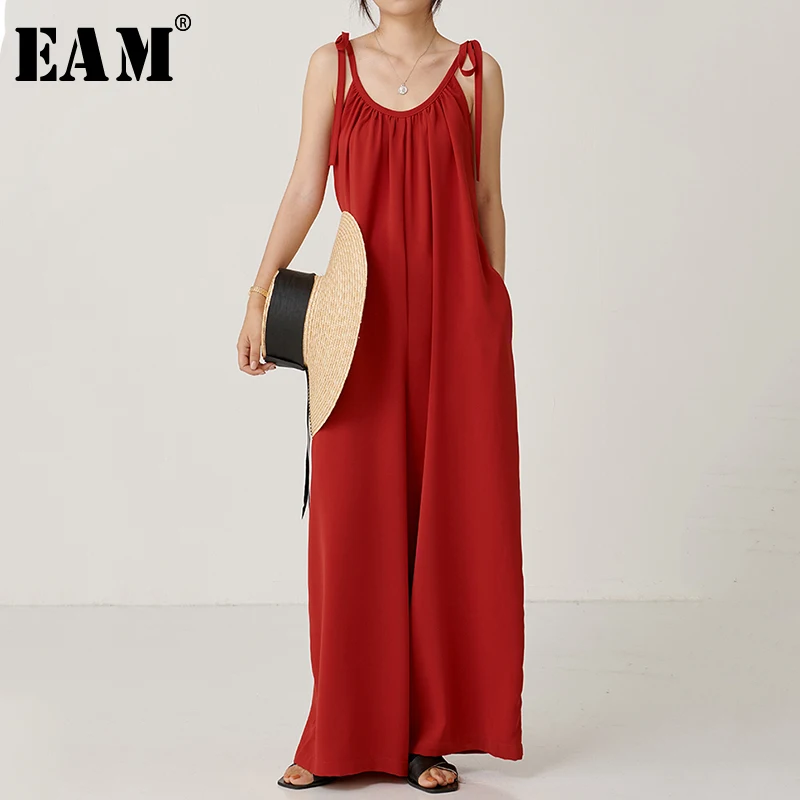 

[EAM] 2019 New Autumn Winter High Waist Pocket Stitch Loose Big Size Sling Temperament Pants Women Jumpsuits Fashion Tide JY289