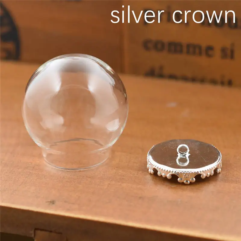 10set 30*20mm hollow glass globe with setting base beads cap set orb glass vials pendant glass bottle jewelry pendant - Окраска металла: silver hanger crown