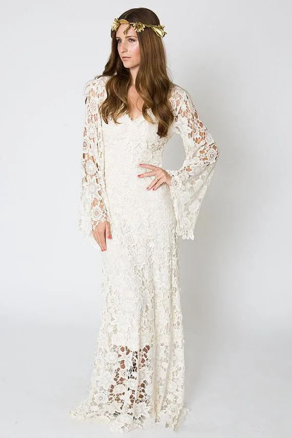 Vintage Bohemian Wedding Gown Long Sleve Lace Crochet Ivory Or