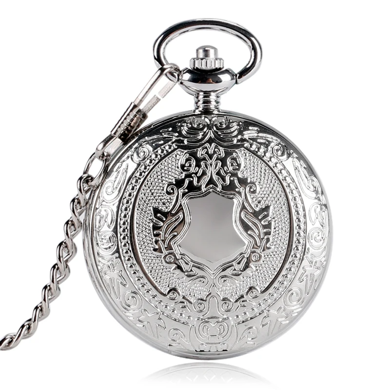 

Luxury Fashion Silver Shield Design Pocket Watch Women Men Fob Clock Mechanical Hand-winding reloj bolsillo Gift Chain P2032C