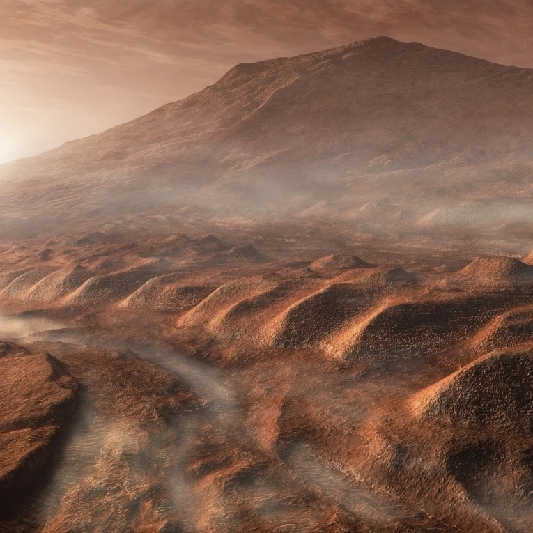 A light fog forms in a desiccated gully in Gale Crater  Mars Poster Print (32 x 24)