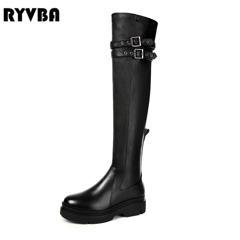 

RYVBA women genuine leather thigh high boots 2018 winter over the knee boots square heels woman BLACK platform buckle shoes
