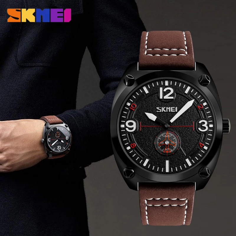 SKMEI Мужские кварцевые часы, кожа, мужские модные водонепроницаемые часы, Топ бренд, спортивные наручные часы, мужские часы 9155