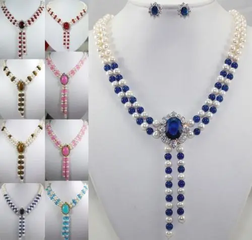 

Jew3108 8 color-charm 2 row white pearl &green/pink/blue/red/tiger eye necklace pendant can choose