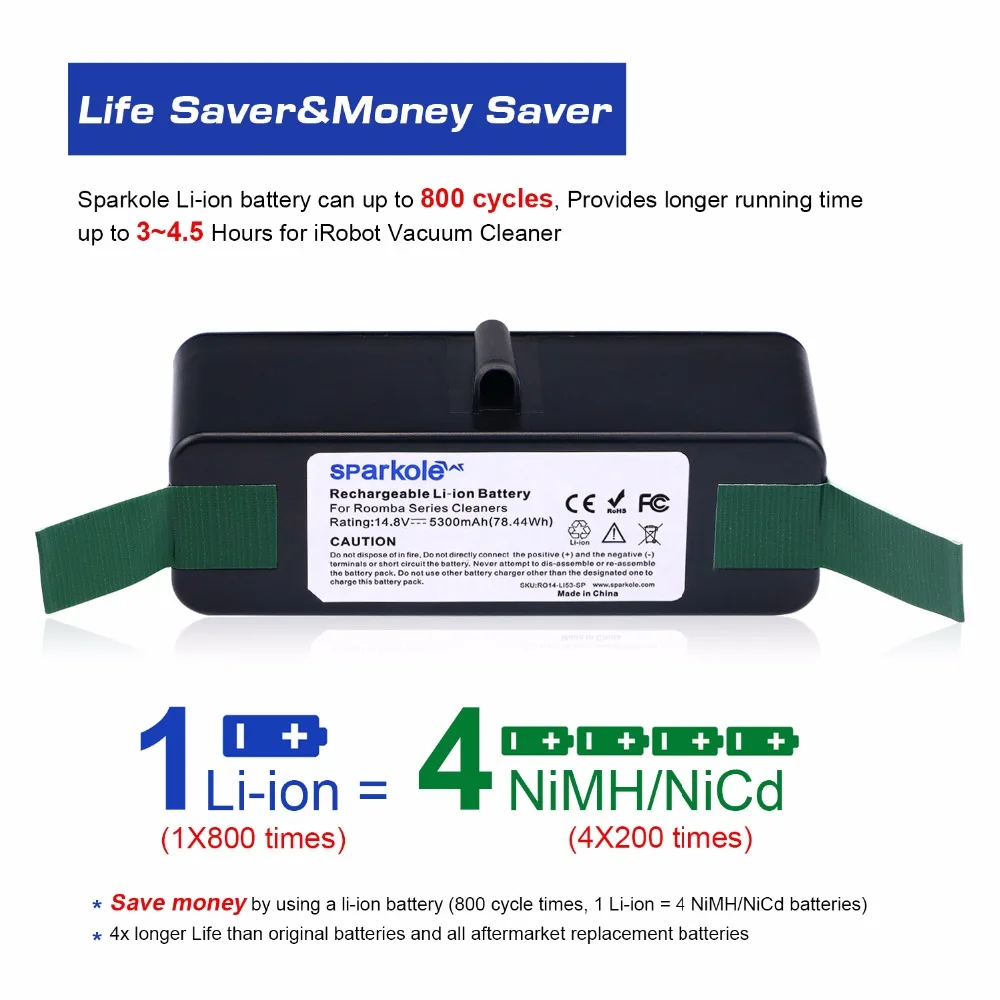 Tanie Sparkole 5300mAh 14.8V akumulator litowo jonowy do iRobot Roomba 500 600 700 800 900 seria 550 560 580 620 630 650 770 780 870 880 980