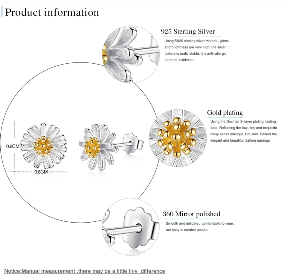 ELESHE 925 пробы серебряные хризантемы цветок маргаритки маленькие серьги-гвоздики для женщин модные золотые серьги серебряные украшения