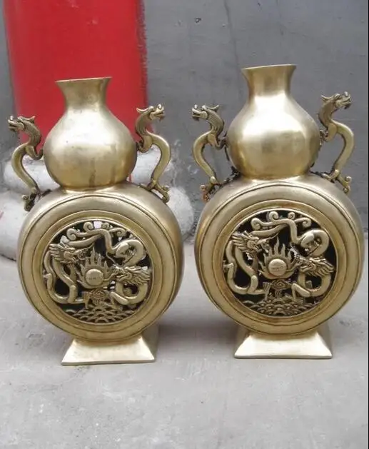 

free 13" China finely Brass carved two dragon play bead Vases Pair Sculpture statue fast