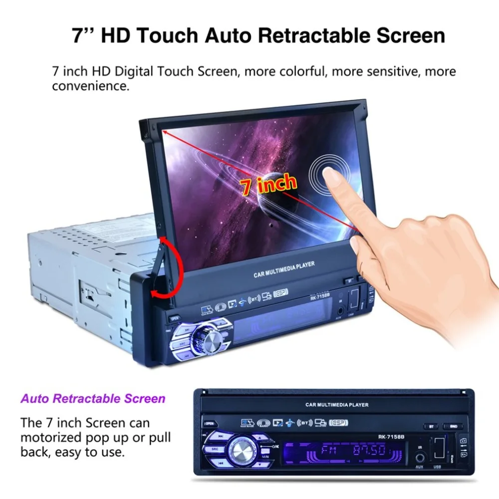 

Fashionable RK-7158 7 inch 1080P HD Touch Screen Car MP5 Player Automatic Retractable Screen 7 Color Backlight Music Player