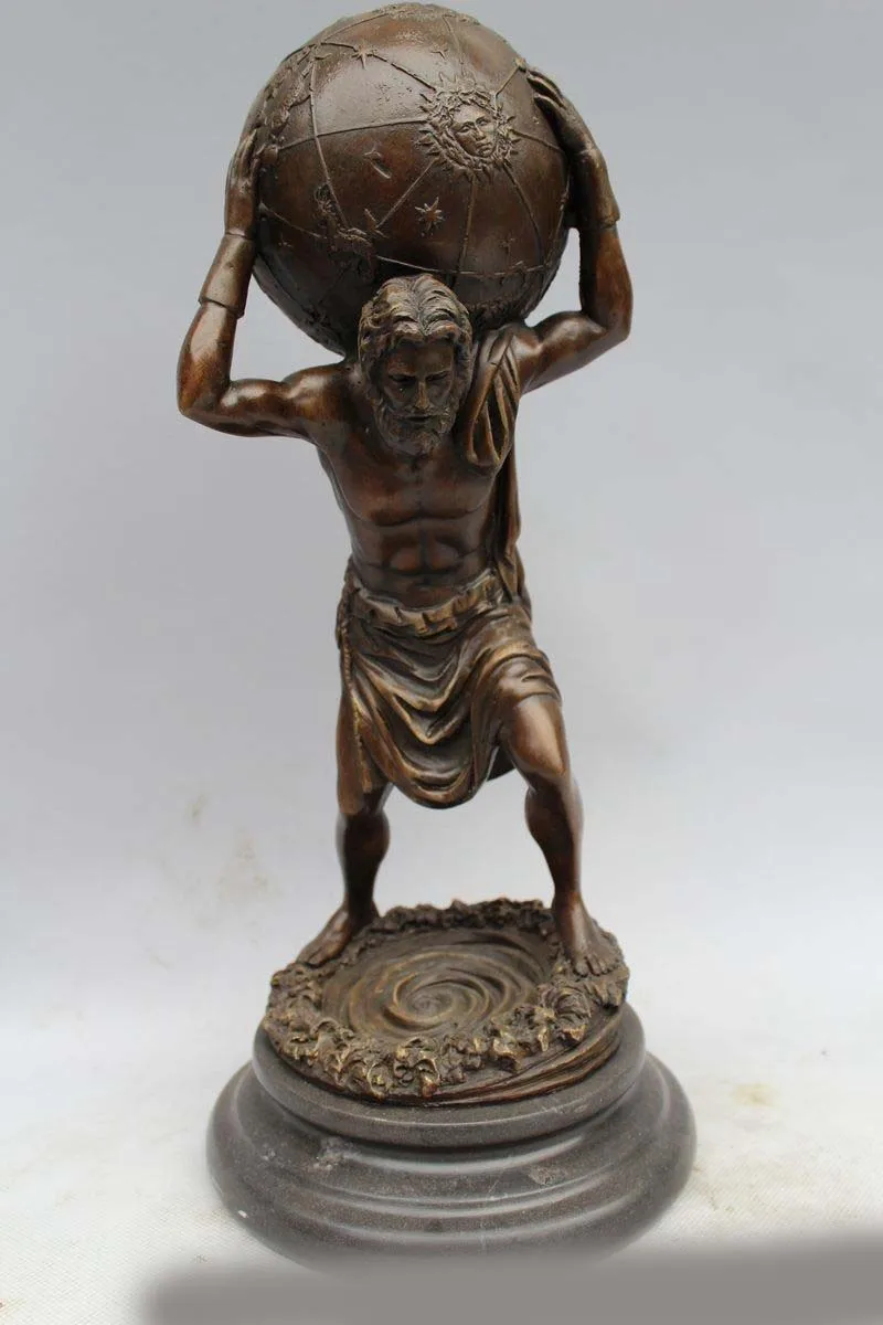 

13" Western ART Pure Bronze Marble Great Men carry the earth Statue Sculpture