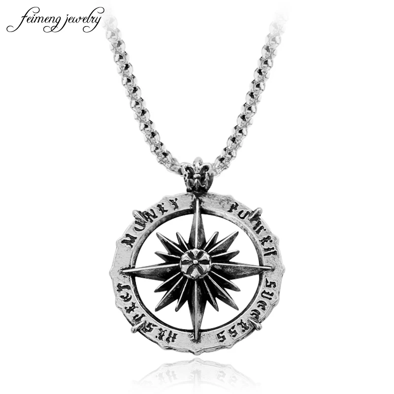 

Viking Vintage Punk Symbol Nordic Pirate Compass Pendant Ancient Silver Steering Wheel Necklace for Men's Accessories Jewelery