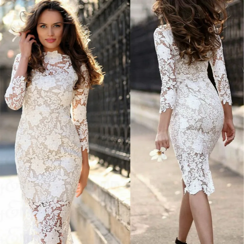 Women Lace Bodycon Party Dress Long Sleeve White Pencil Midi Dress ...