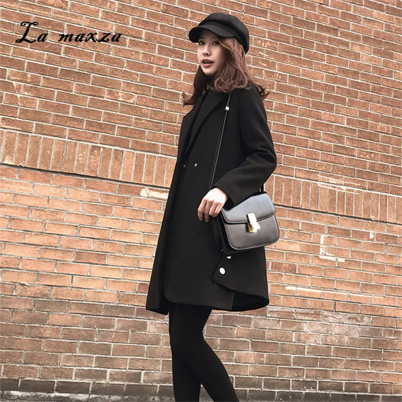 Manteau Élégantes Style 2018 Long Laine Vintage Noir Femmes Coréenne Manteaux Mode D'hiver Lâche NnkwP8OX0