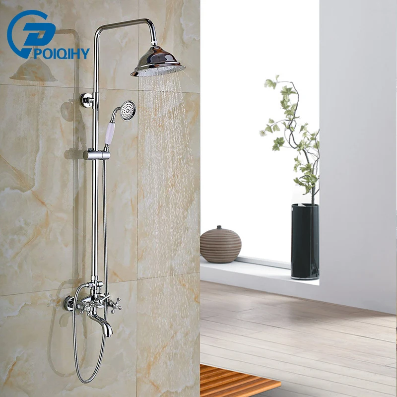 

POIQIHY Ceramic handle Polished Chrome Shower Faucet Set Mixer Tap Wall Mounted Shower Faucet Round Rainfall Shower Head