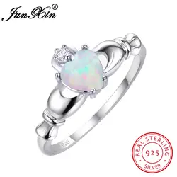 Junxin 925 стерлингового серебра Клэдда Обручение кольцо сердце Белый огненный опал Свадебные Кольца для Для женщин уникальный камень