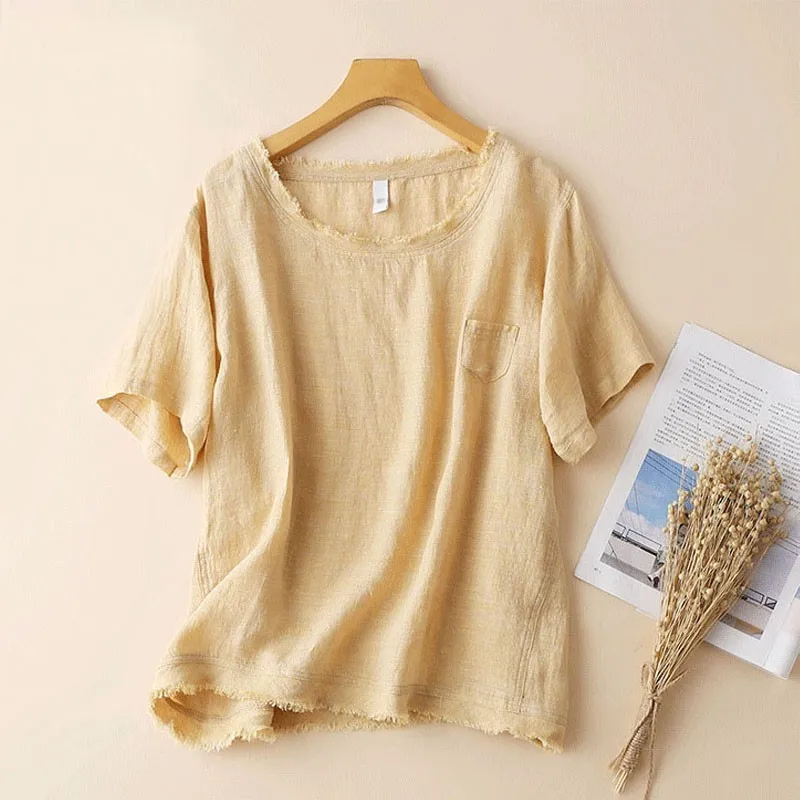 Simple Cotton Linen Blouse And Shirt Short Sleeve Women Girls Cactus Loose Summer Clothes Office Lady Tee Femme O Neck |
