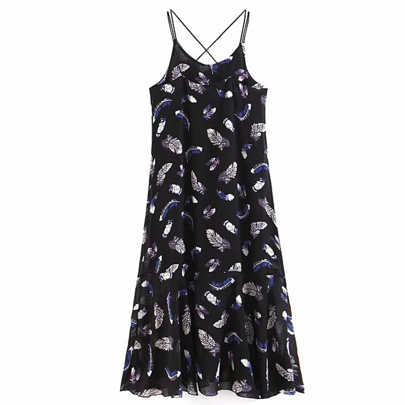 Women's Clothing Dress 2019 Black Feather Printed Back Cross Sling Dress Ms Summer Street Sexy Slim Fit Temperament Clothing