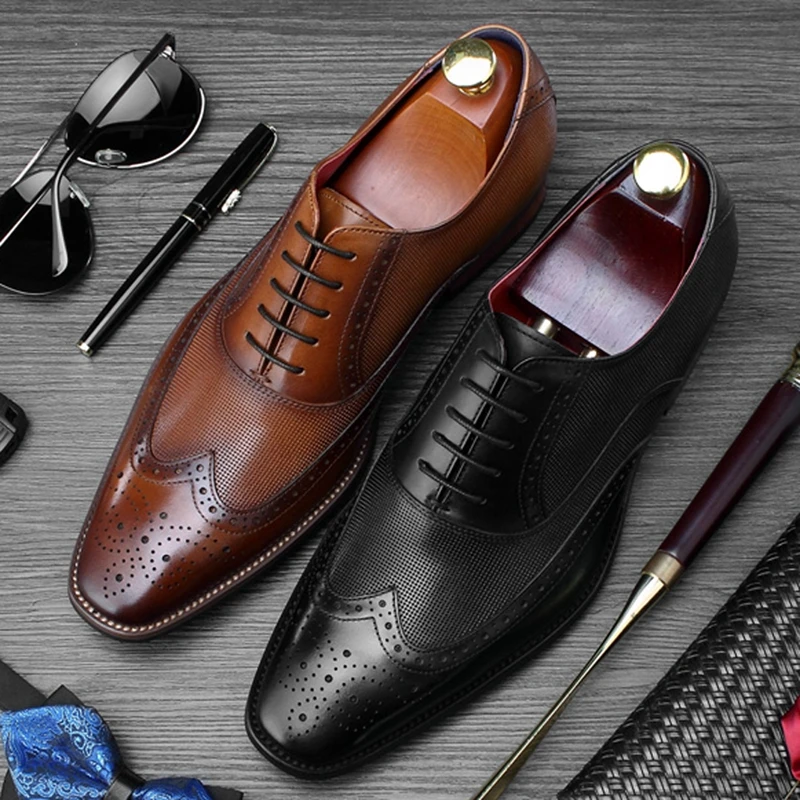Британский стиль Wingtip Brogue Мужская Свадебная обувь из натуральной кожи Кожаные модельные туфли оксфорды острый носок Формальное Дизайнер Для мужчин; вечерние Туфли без каблуков SS372