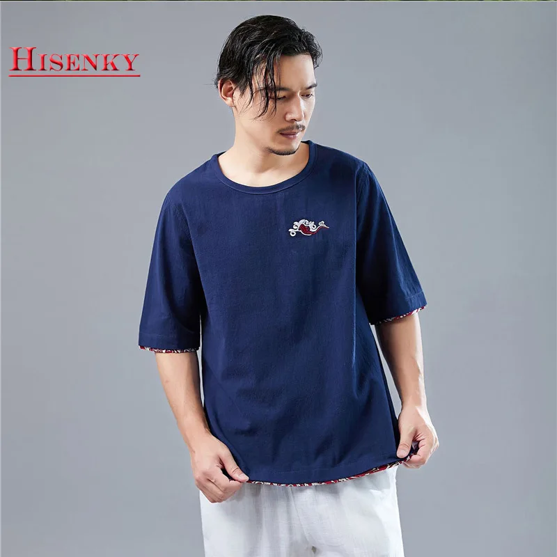 

Hisenky 2019 Summer Men Shirt Tops Retro Chinese Style Parquet Short Sleeve Embroidered Shirts Thin Cotton Linen Casual Shirts