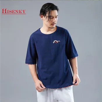 

Hisenky 2019 Summer Men Shirt Tops Retro Chinese Style Parquet Short Sleeve Embroidered Shirts Thin Cotton Linen Casual Shirts