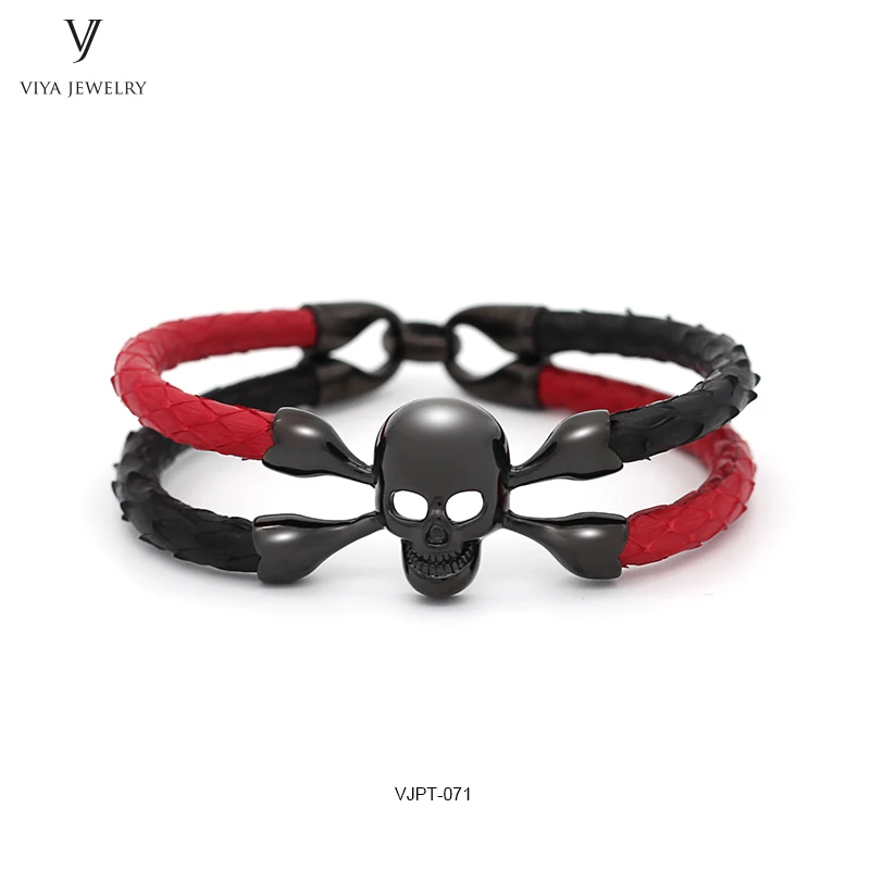 

Black&Red Python Leather Men Bracelet Two Mixed Colors Python Leather Cords Jewelry Genuine Python Men Skull Bracelet With Box