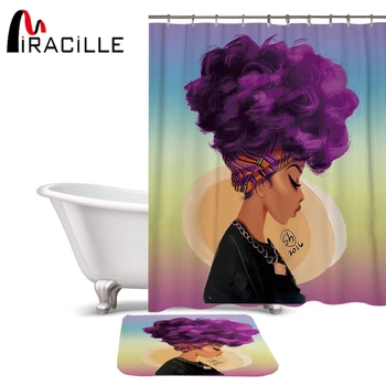 

Miracille Fashion African Woman Pattern Waterproof Polyester Fabric Shower Curtain Set Non Slip Rugs Carpet for Bathroom Toilet
