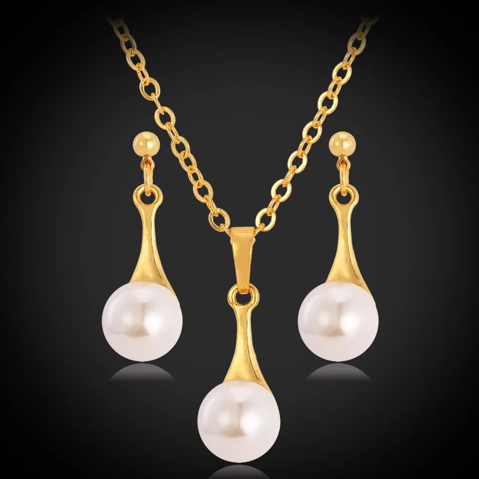 

Kpop Pendants Necklaces Earrings For Women Simulated Pearl Jewelry yellow Gold/Silver Color Jewelry Sets High Quality S909