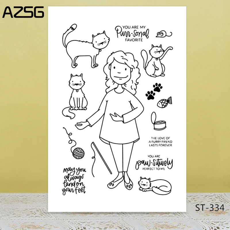 

AZSG Amiable Woman Lovely Cat Clear Stamps For DIY Scrapbooking/Card Making/Album Decorative Silicon Stamp Crafts