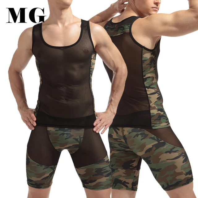 Mr.Gun 1 Set Man Sexy Underwear Set Mesh Camouflage Printing Tank Top w