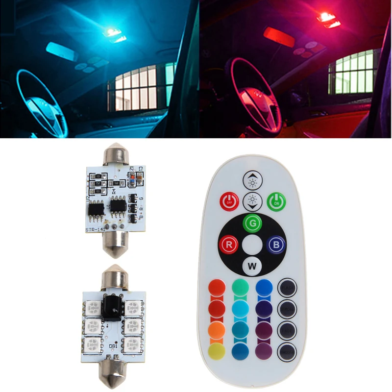 1 Pair 42mm DC 12V 5050 6 LED RGB Map Dome Car Interior Light+Remote Control | Автомобили и мотоциклы