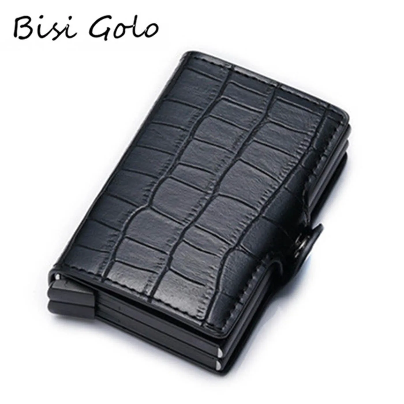 

BISI GORO Credit Card Holder 2019 Aluminium Double Boxes Fashion Men And Women PU Leather Metal RFID Vintage Travel Card Wallet