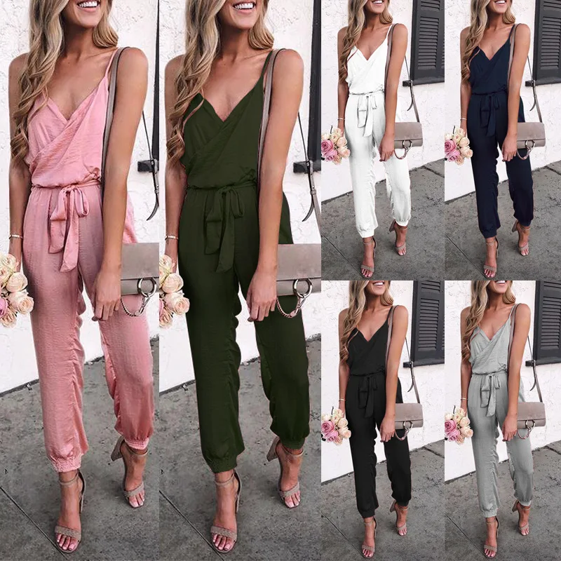 

Casual Jumpsuits Solid Bandage Playsuits Rompers Womens Jumpsuit Spaghetti Strap White Black Gray Pink Femme Female Clothing
