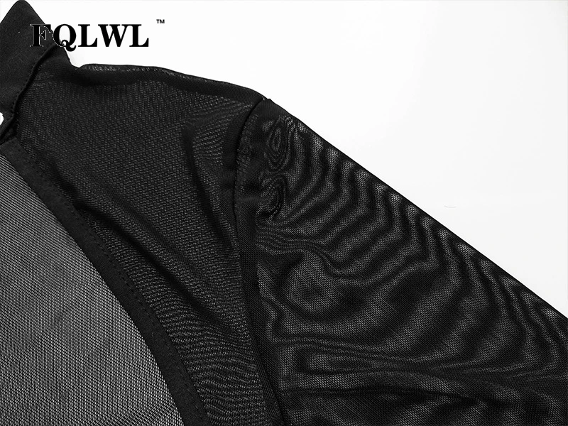 FQLWL прозрачный сексуальный сетчатый боди для женщин топы бинты бодикон Летний комбинезон-Песочник цельный длинный рукав черный боди