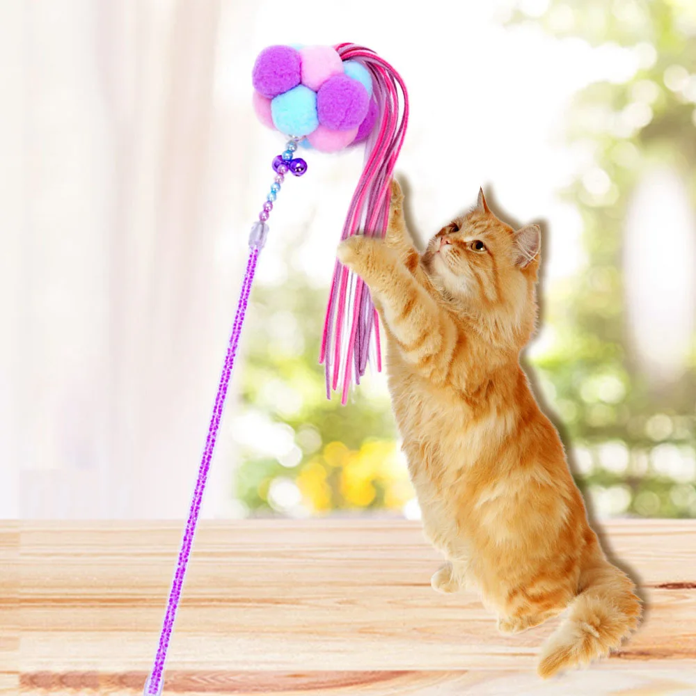 Soft Colorful Cats Toy Plush Ball Tassels Long Wand Stick With Bells