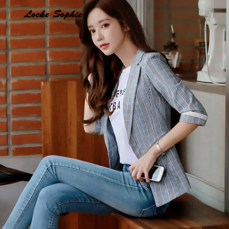 Women's Plus size Blazers coats 2019 Summer cotton cotton blend plaid Slim fit Small Suits jackets ladies Skinny Blazers Suit