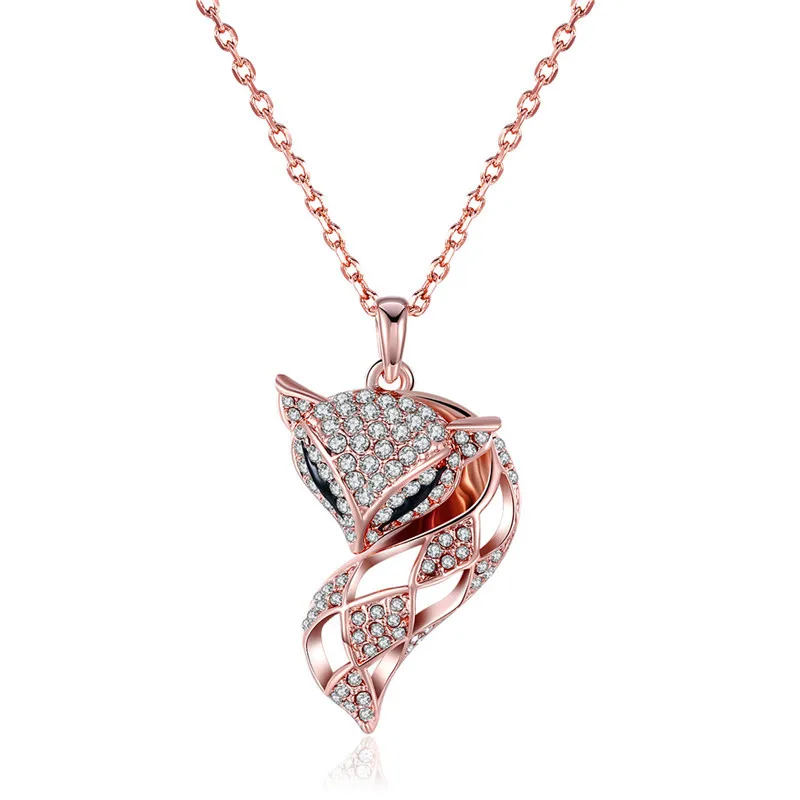 Роза Стразы золотистого цвета милый кулон с лисичкой эффектные Длинные ожерелья для женщин Милое животное элегантное подвесное ожерелье ювелирные изделия