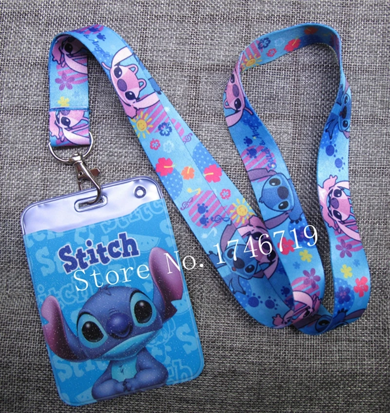 

New 1 pcs Cartoon stitch Named Card Holder Identity Badge with Lanyard Neck Strap Card Bus ID Holders With Key Chain T-17