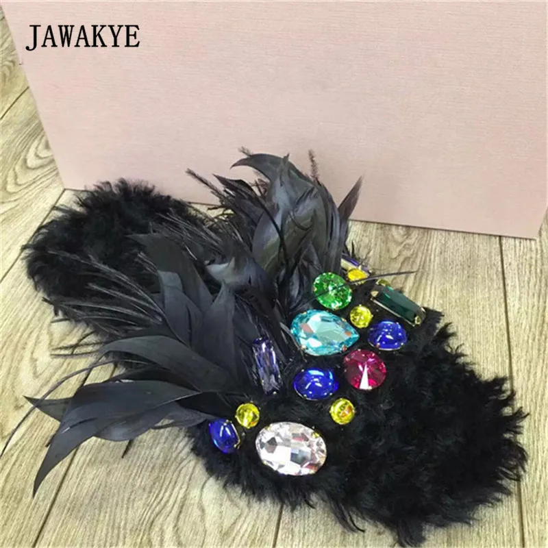 

2017 Handmade Real Wool Slipper Woman Open Toe Fur Feather Rhinestone Diamond Flat Slipper Sandals Woman