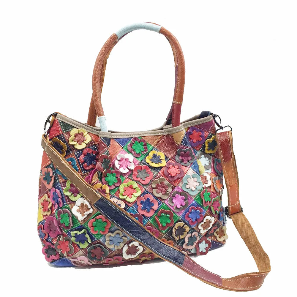 Womens Leather Top Handle Shoulder Handbag Flower Pattern Large Work Tote Bag