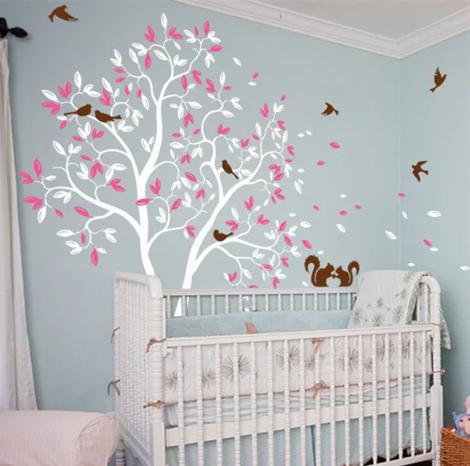 

White Large Nursery Tree Kids Bedroom Cute Decor Tree Mural With Lovely Squrriels Birds Removable Vinyl Baby Room Sweet DecorT-1
