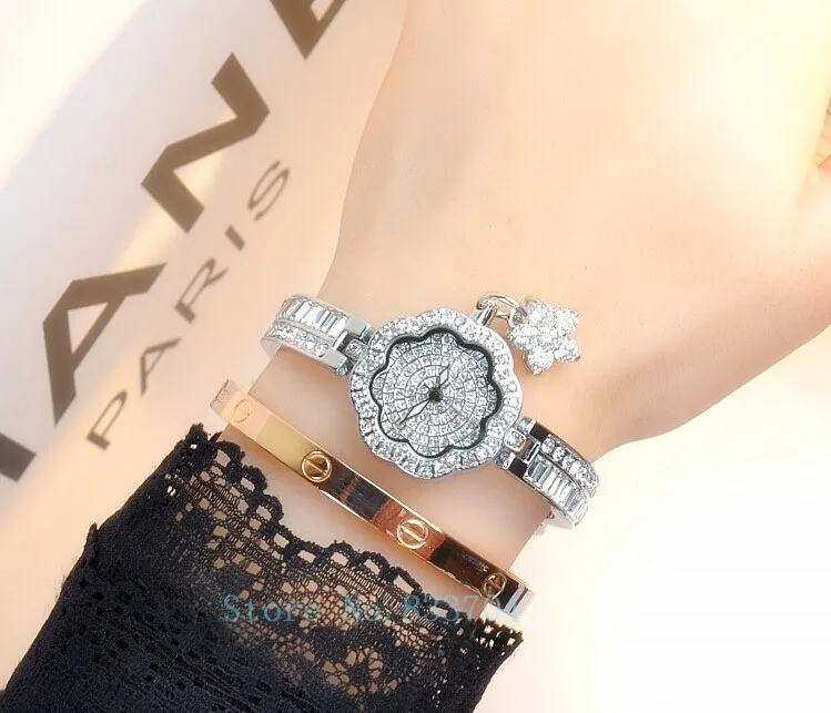 

Mashali Luxury Diamond Bracelet Watch Women Quartz watch Female Ladies Dress Rhinestone wristwatch with Flower pendant Free ship