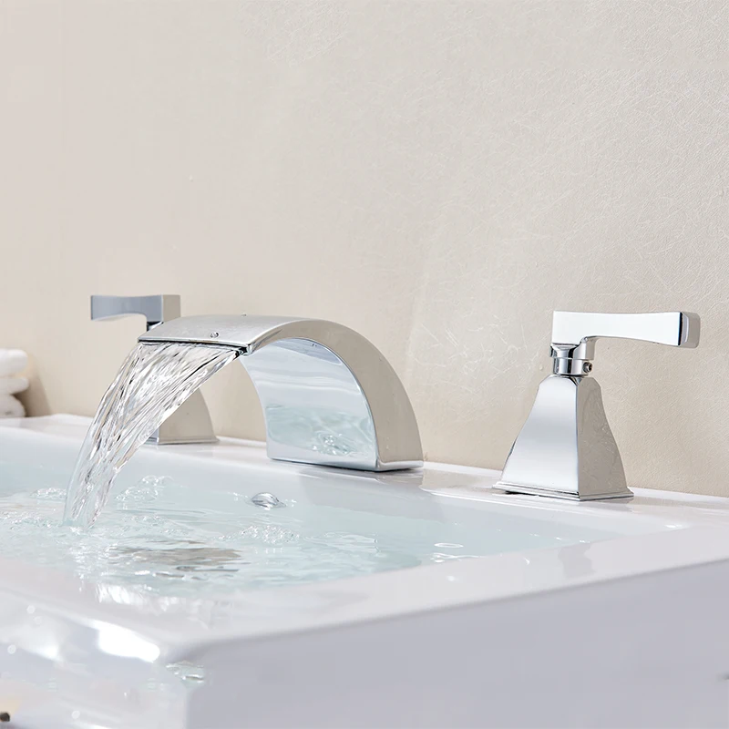 

Chrome Deck Mount Deluxe Waterfall 3pcs Swan Bathroom Basin Faucet Double Handles